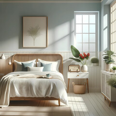 Generative AI designed modern bedroom setting, embodying freshness and simplicity with a hint of retro charm