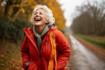 The portrait of a happy mature woman in a warm autumn collection coat is walking along the path of the orange and yellow forest in autumn. Generative AI.