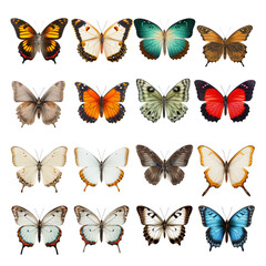 set of butterflies, collection of butterflies on white background. 