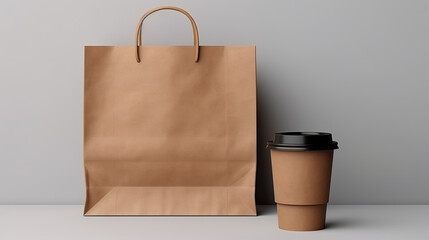 brown paper bag and cup mockup - obrazy, fototapety, plakaty