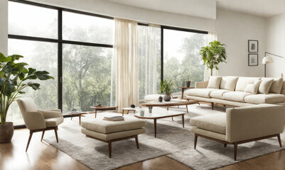 interior living room modern contemporary style, built-in wooden cabinets with interior props, sofa set, carpet