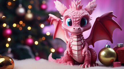 Chinese Dragon New Year 2024. A New Year's poster with a pink dragon on the background of a Christmas tree.