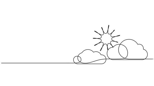 animated continuous single line drawing of sun above clouds, weather line art animation