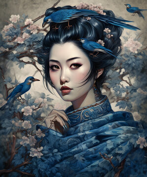 A painting of a beautiful Chinese royal princess painted in a vintage style. Blue color theme.