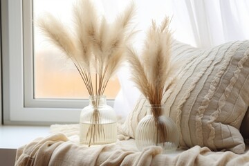 Fototapeta na wymiar Dry pampas grass flowers in a glass vase on a tablet on a coffee table next to a bed, beige colored pillows and cushions, boho style