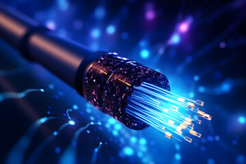 Electric cable background with sparks and bare wires. Fiber optics network cable lights abstract background. Fiber optic cable for communication technology and connecting element.  - obrazy, fototapety, plakaty