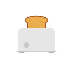 Steel toaster icon with slice of bread. Vector flat style illustration on white background. Home appliances cooking kitchen home equipment