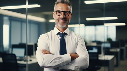 Obraz premium Happy Middle Aged Businessman CEO Arms Crossed Standing in the Office 