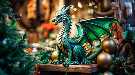 Fototapeta na wymiar Christmas market in Vienna, Austria. Decorated Christmas tree with green dragon. Selective focus