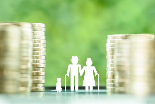 Pension insurance for retirees and social security tax, financial concept : Senior or elder retired couple stands among stacks of coins, depicting a long-term investment strategy for an aging society.