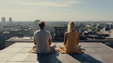 Fototapeta premium Couple finds tranquility meditating on rooftop of building. Friends in yoga poses searching peace with tranquility meditate on rooftop of apartment building against city at sunset.