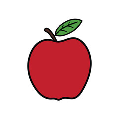 A hand-drawn cartoon red apple with a green leaf on a white background. The concept of healthy food.