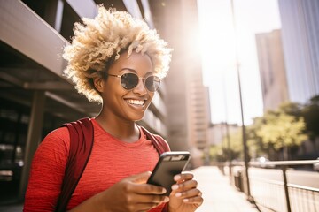 Portrait of young African American woman in sportswear with backpack standing in a modern city street. Black smiling girl with afro haircut looking at smartphone. Active lifestyle and travel concept. - obrazy, fototapety, plakaty