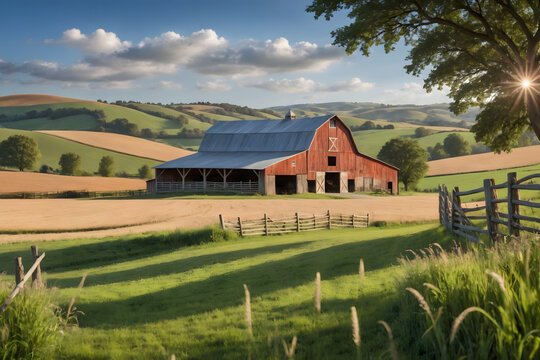 Country barns rolling hills and serene blue skies Backgrounds photography