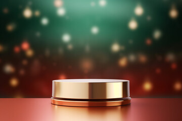 Christmas New Year Celebration: Sparkling Glitter Table Top Mock up, Floor Gold and Green, Studio Background with Golden Blur Bokeh. Luxury Holiday Backdrop Mockup for Product Display. Generative AI.