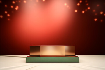 Christmas New Year Celebration: Sparkling Glitter Table Top Mock up, Floor Gold and Green, Studio Background with Golden Blur Bokeh. Luxury Holiday Backdrop Mockup for Product Display. Generative AI.