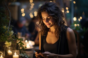 Portrait of beautiful teenage girl with smartphone in a decorated living room lit by candles. Cute girl with dreamy smile looking at phone, reading or texting message. Waiting for a romantic eve.