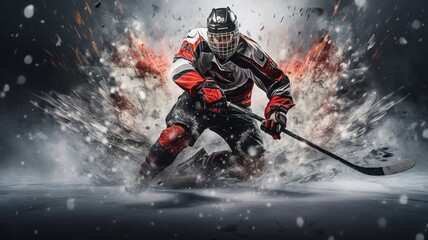 illustration hockey player black and red color move on dark black background with copy space AI