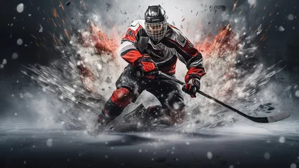 Fotobehang illustration hockey player black and red color move on dark black background with copy space AI © yana136