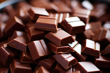 Composition of bars and pieces of different chocolate, grated cocoa on a brown background view close up. High quality photo