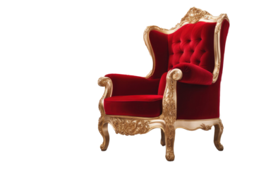 a quality stock photograph of a red and gold luxury armchair isolated on transparent or white background