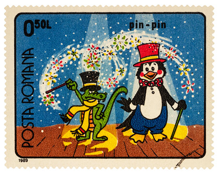 Crocodile and penguin on postage stamp