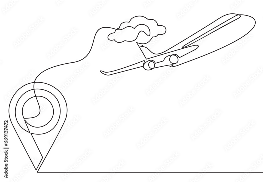 Poster continuous line drawing of aircraft flight routes and airport destinations. airplane line path icon 