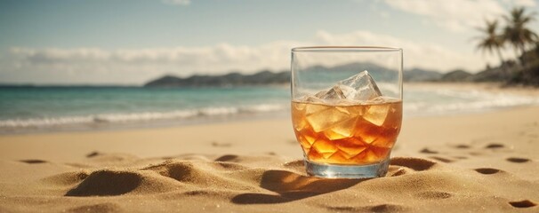 A whiskey or rum on ice in the sand of a tropical beach in the sun. Generative AI.  - obrazy, fototapety, plakaty