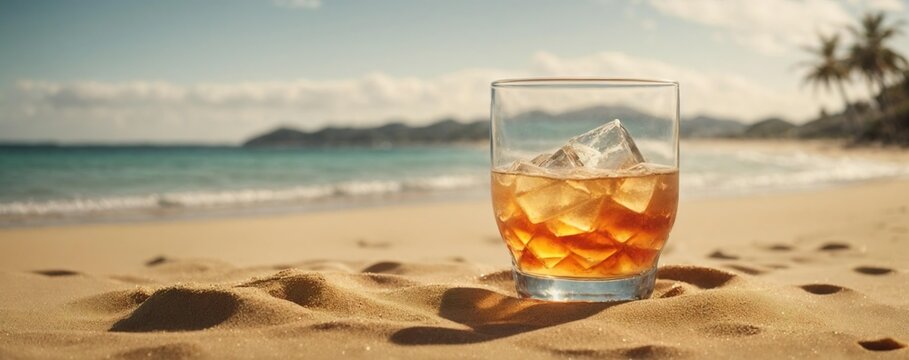 A whiskey or rum on ice in the sand of a tropical beach in the sun. Generative AI. 