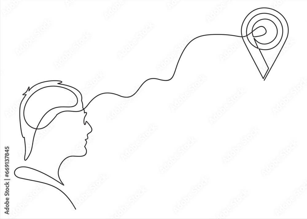 Poster head profile and location icon and one line.continuous line art.