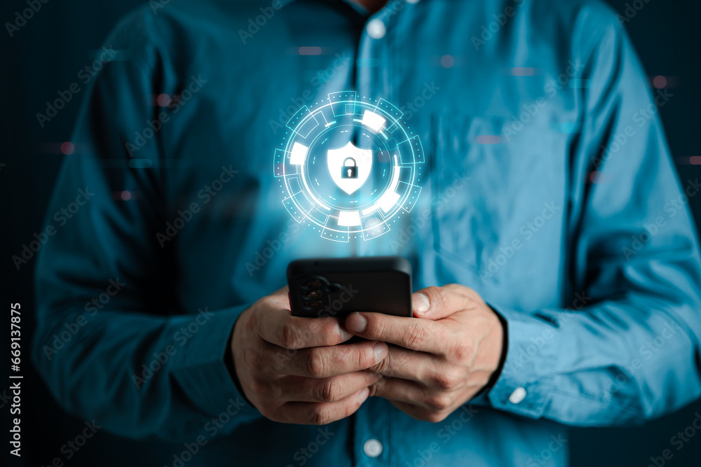 Poster network security system. personal data information on tablet.information and cyber security technolo