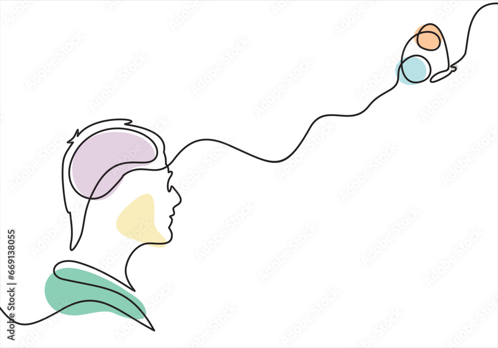 Poster man face with butterfly. abstract face with butterfly by one line vector drawing. portrait minimalis