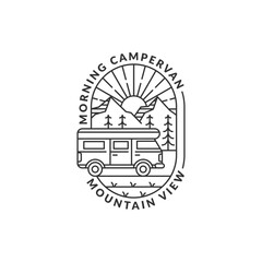 morning mountain and campervan badge monoline or line art style vector illustration