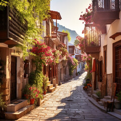 wide street with lush flowers street of multiple densely packed traditional 5-story tall classical traditional wooden ottoman architecture houses at stone paved street with densely packed traditional 