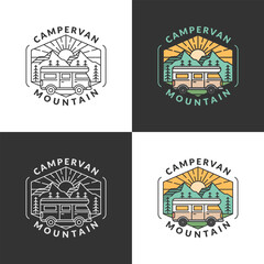 Obraz premium morning mountain and campervan badge monoline or line art style vector illustration