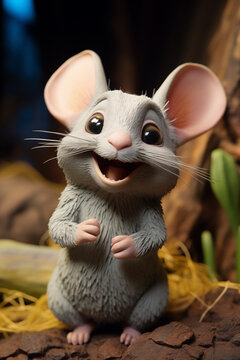 cute chinchilla or mouse sitting looking up, claymation character with flower meadow behind