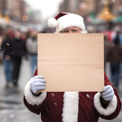 Santa claus holding a blank sign, cardboard placard, as protest in the street. Unusual christmas strike, xmas rally, special new year. Santa doing dude with sign. Communication of a message.