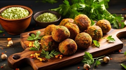 Falafel balls on a wooden cutting board.Arabic snack falafel