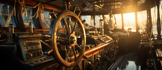  Close-up view of the inside of a large ship. Steering wheel and control panel © GoDress