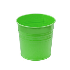Green empty iron bucket on transparent and white background. PNG. Side view.