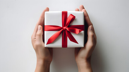 Hands giving christmas gift box on a white background. Luxury wrapped present with red color ribbon and bow. Isolated, aesthetic and minimalist.
