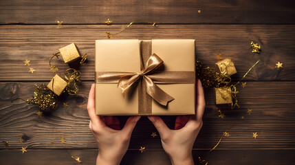 Hands giving christmas gift box on a wooden background table. Luxury wrapped present with gold...