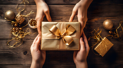 Hands giving and receiving christmas gift box on a wooden background table. Luxury wrapped present with gold color ribbon and bow. Isolated, aesthetic and minimalist.