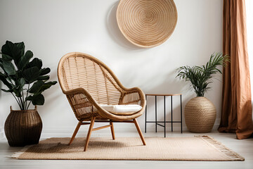 Modern living room with rattan armchair, plants and woven wall decoration. The room is designed in a neutral color palette and bohemian style