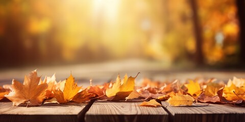 Naklejka na ściany i meble Beautiful autumn fallen leaves on wooden background, Thanksgiving background, Thanksgiving day or seasonal autumnal, generative ai