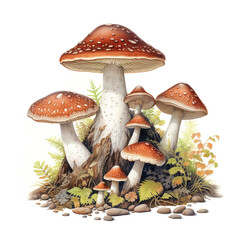 mushrooms on a white background, Types of mushrooms found in the forest, botanical illustration on white background.