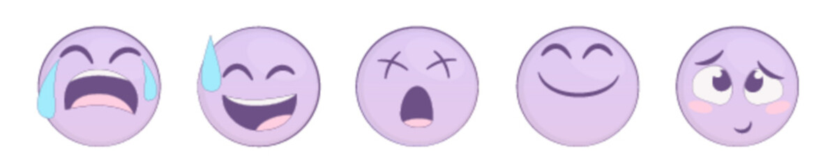 Cute purple pastel emoji set in different moods: Modern vector emoticons collection with expressed emotions for social media or mood apps.