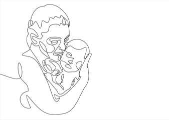 Abstract family continuous line art. Young mom hugging her baby child. Hand drawn illustration for Happy International Mother's Day card, loving family, parenthood childhood concept