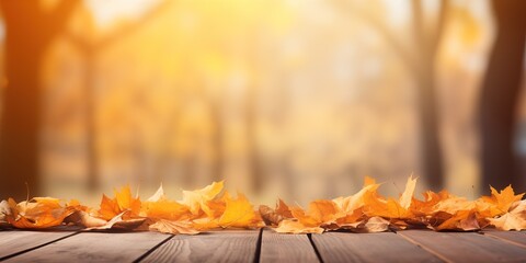 Beautiful autumn fallen leaves on wooden background, Thanksgiving background, Thanksgiving day or seasonal autumnal, generative ai