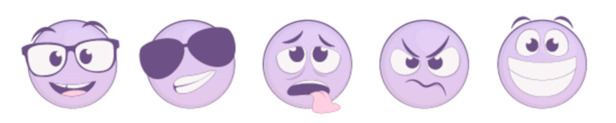 Cute purple pastel emoji set in different moods: Modern vector emoticons collection with expressed emotions for social media or mood apps.